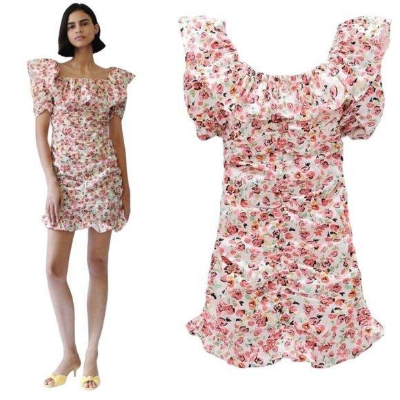 ZARA Floral Printed Draped Ruched Ruffled Mini Dress Size Women's Size Small - Picture 3 of 7